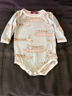Milkbarn Light Blue Boat-Print Long Sleeve Bodysuit